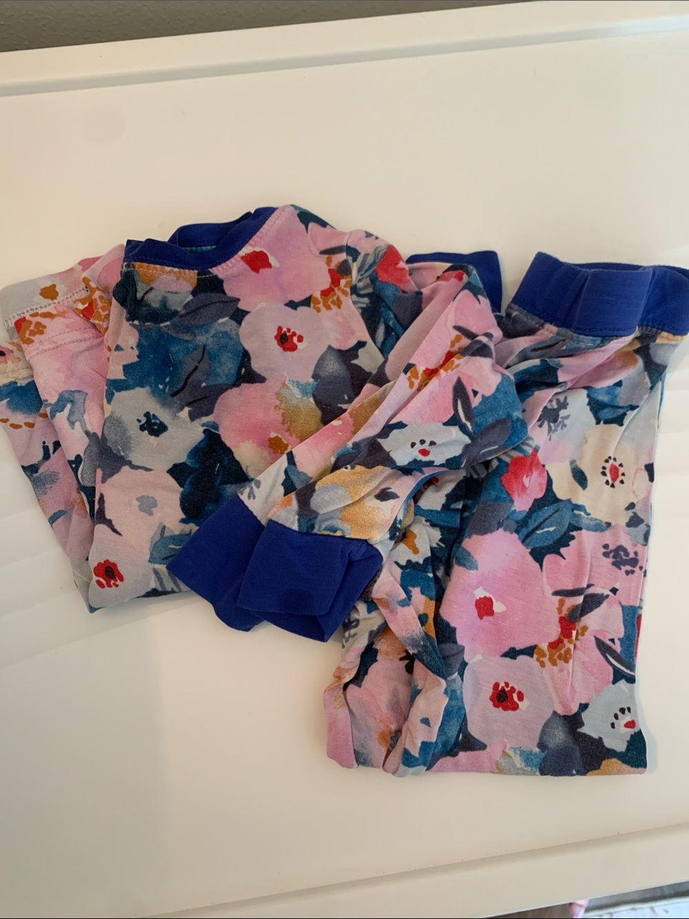 Kids Floral Pink and Blue Pajama Set with Royal Blue Trim
